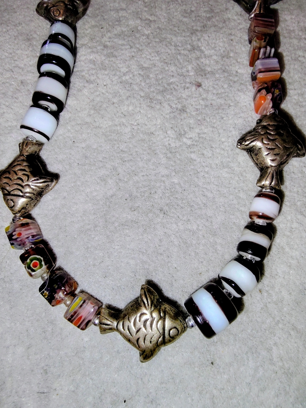 Artisan Stripe & Murano Style Glass Bead Necklace 17"